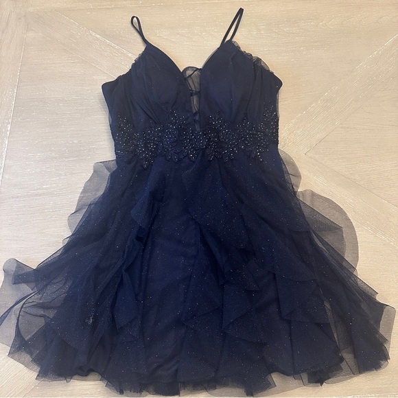 Elegant Navy Blue Mini Dress - Picture 1 of 7